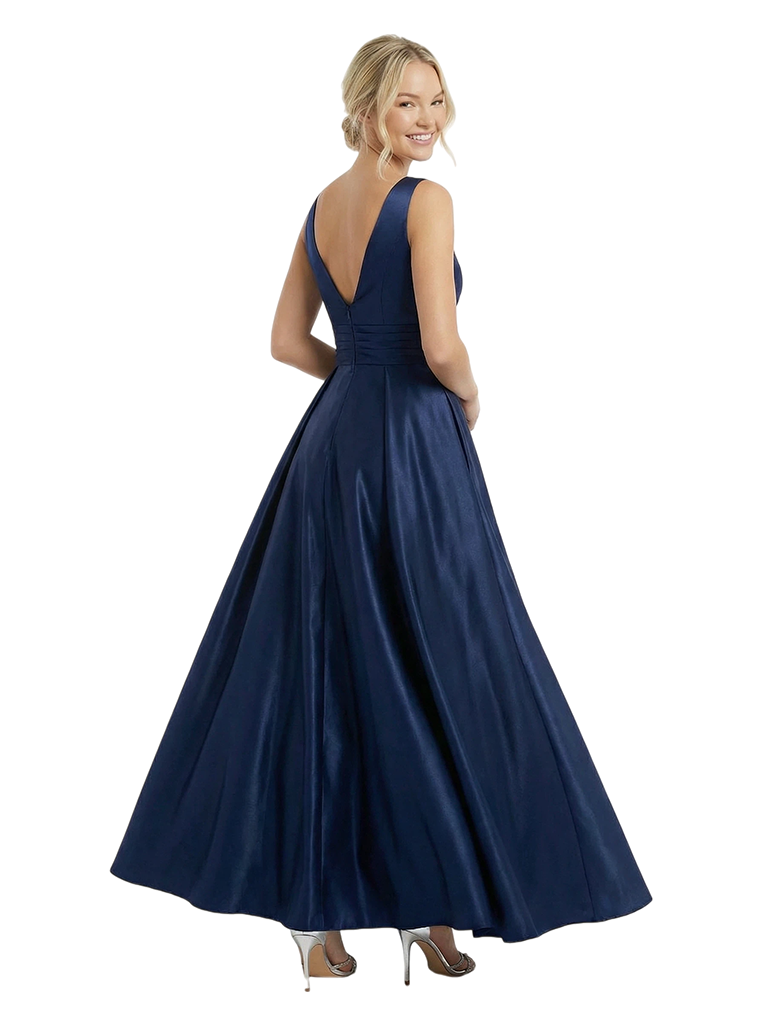 Classy V-Neck A-Line Floor-Length Ruched Satin Party Prom Gown