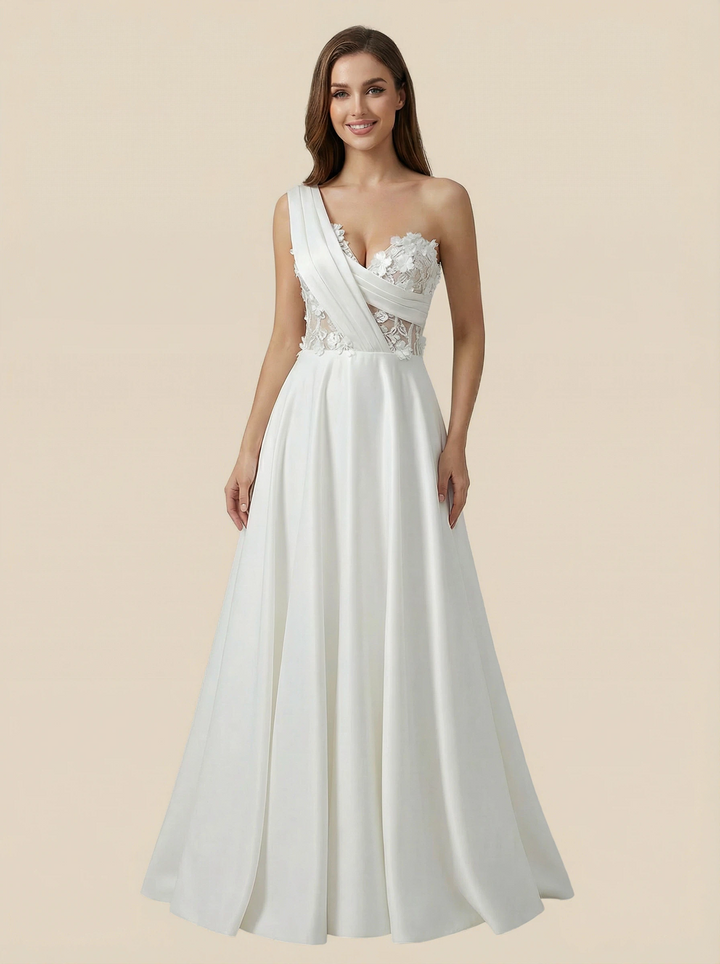 A-Line One Shoulder V-Neck Lace Satin Maxi Long Wedding Dresses Online