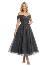 Sexy Off The Shoulder A-Line Ruched Midi Prom Gown Glitter Tulle Formal Events