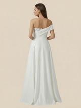 A-Line One Shoulder V-Neck Lace Satin Maxi Long Wedding Dresses Online