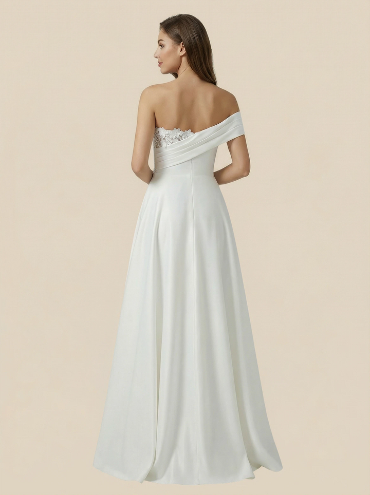 A-Line One Shoulder V-Neck Lace Satin Maxi Long Wedding Dresses Online