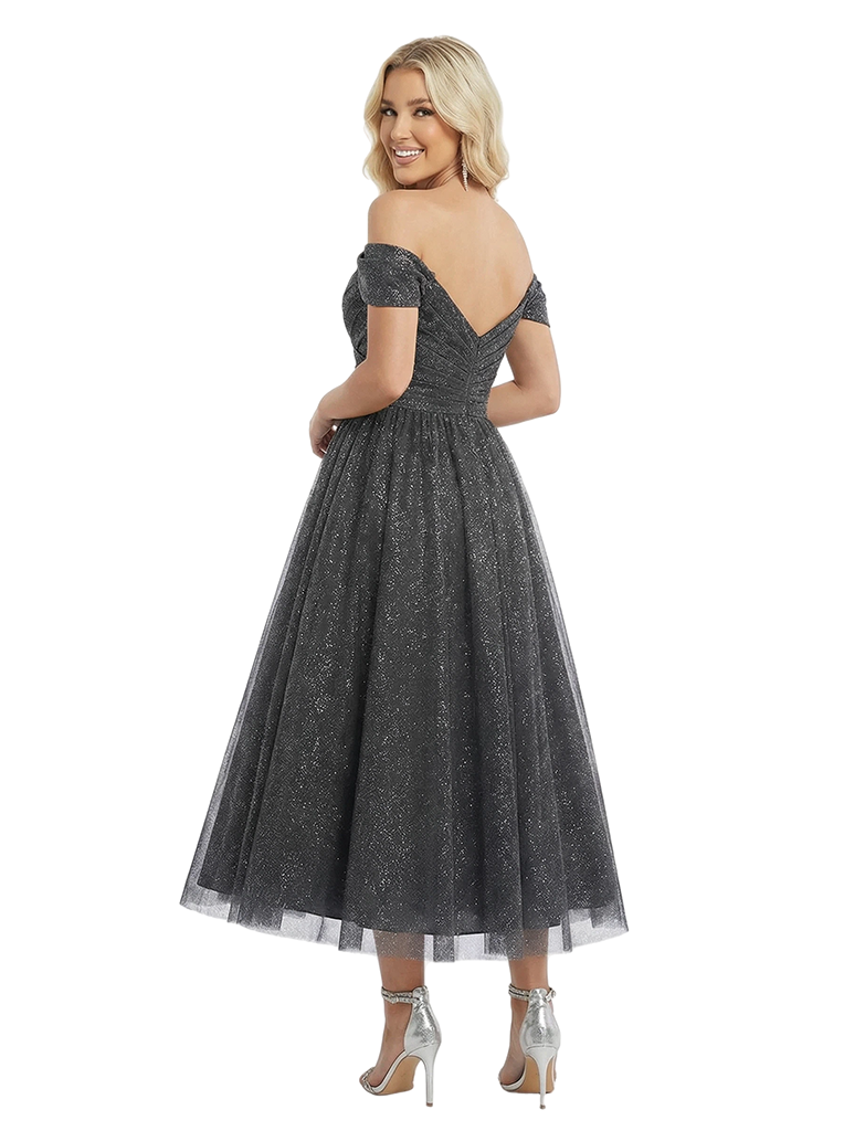 Sexy Off The Shoulder A-Line Ruched Midi Prom Gown Glitter Tulle Formal Events