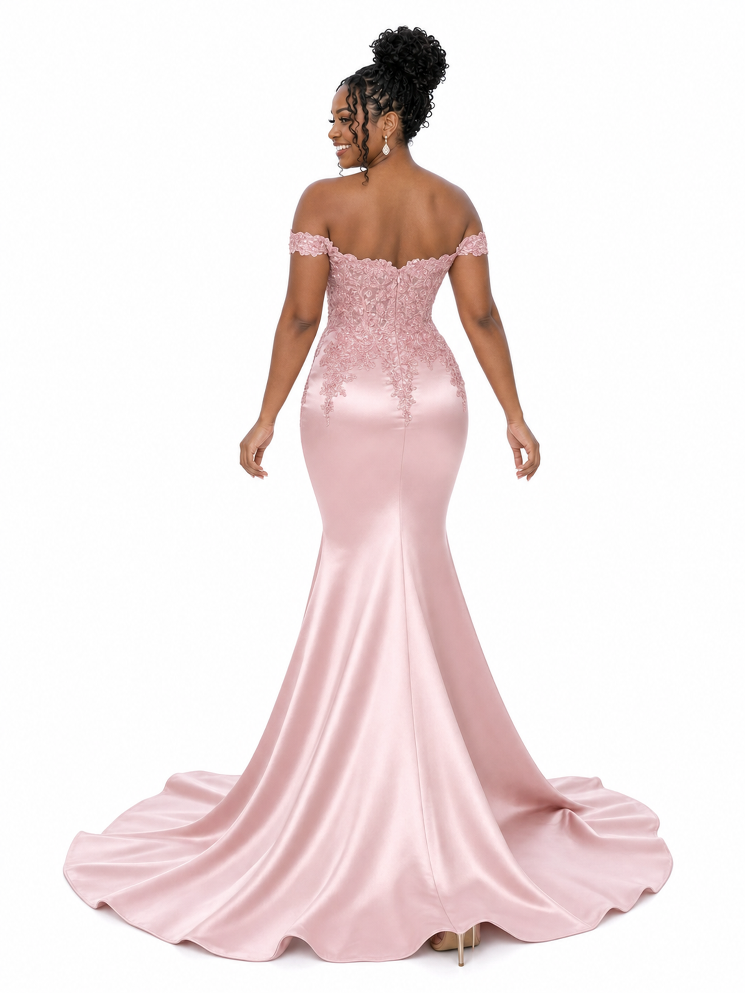 ChicSew Fancy Off Shoulder Side Slit Lace Applique Mermaid Soft Satin Long Bridesmaid Dresses