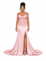 ChicSew Fancy Off Shoulder Side Slit Lace Applique Mermaid Soft Satin Long Bridesmaid Dresses