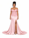 ChicSew Fancy Off Shoulder Side Slit Lace Applique Mermaid Soft Satin Long Bridesmaid Dresses