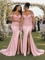 ChicSew Fancy Off Shoulder Side Slit Lace Applique Mermaid Soft Satin Long Bridesmaid Dresses
