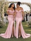 ChicSew Fancy Off Shoulder Side Slit Lace Applique Mermaid Soft Satin Long Bridesmaid Dresses
