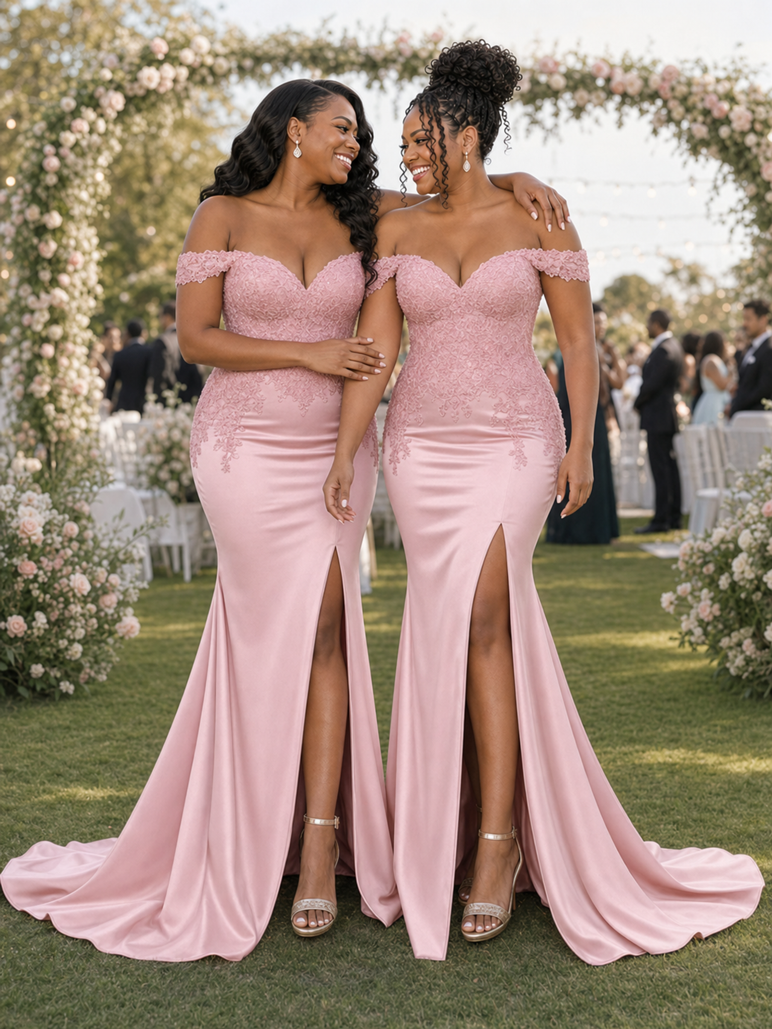 ChicSew Fancy Off Shoulder Side Slit Lace Applique Mermaid Soft Satin Long Bridesmaid Dresses
