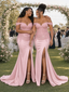 ChicSew Fancy Off Shoulder Side Slit Lace Applique Mermaid Soft Satin Long Bridesmaid Dresses