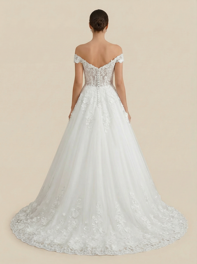 A-Line Off Shoulder Lace And Tulle Maxi Long Wedding Dresses Online