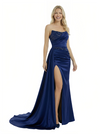 Chic Strapless Beaded Satin Mermaid Side Slit Ruched Party Prom Dresses