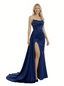 Chic Strapless Beaded Satin Mermaid Side Slit Ruched Party Prom Dresses