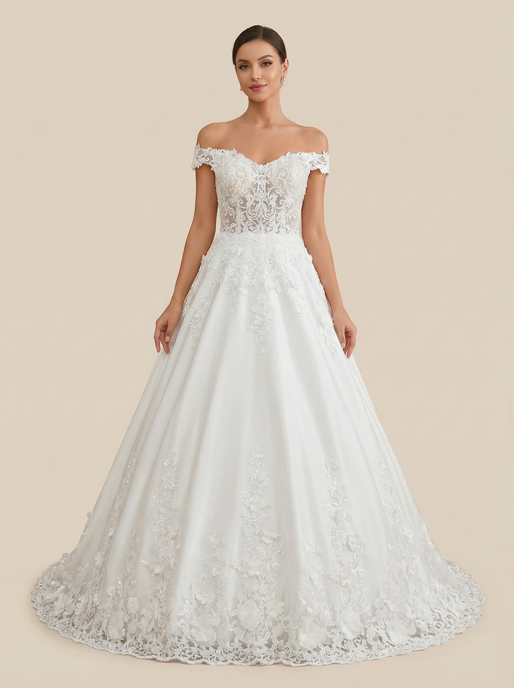 A-Line Off Shoulder Lace Maxi Long Wedding Dresses Online