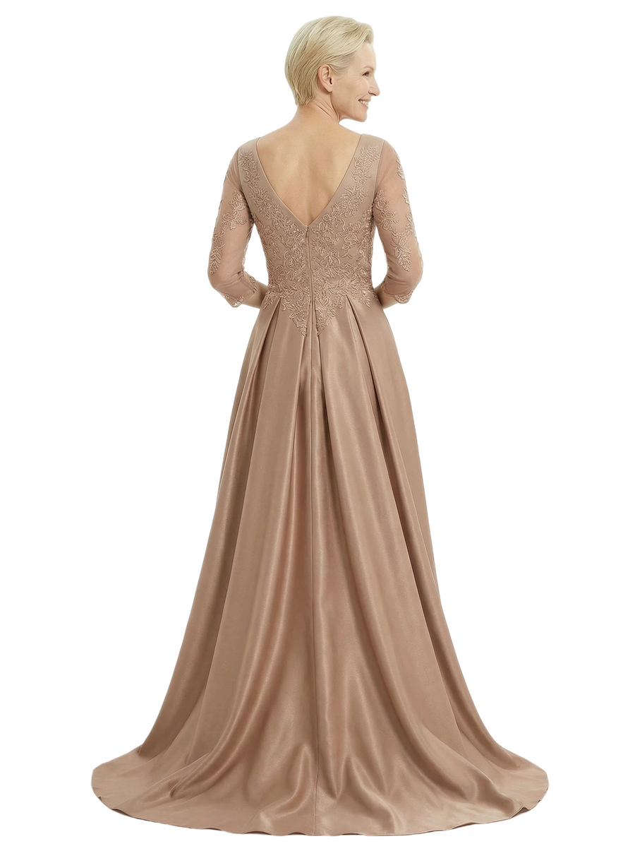 Unique Applique Mother Of The Groom Dress With Sleeves Satin A-Line Gown
