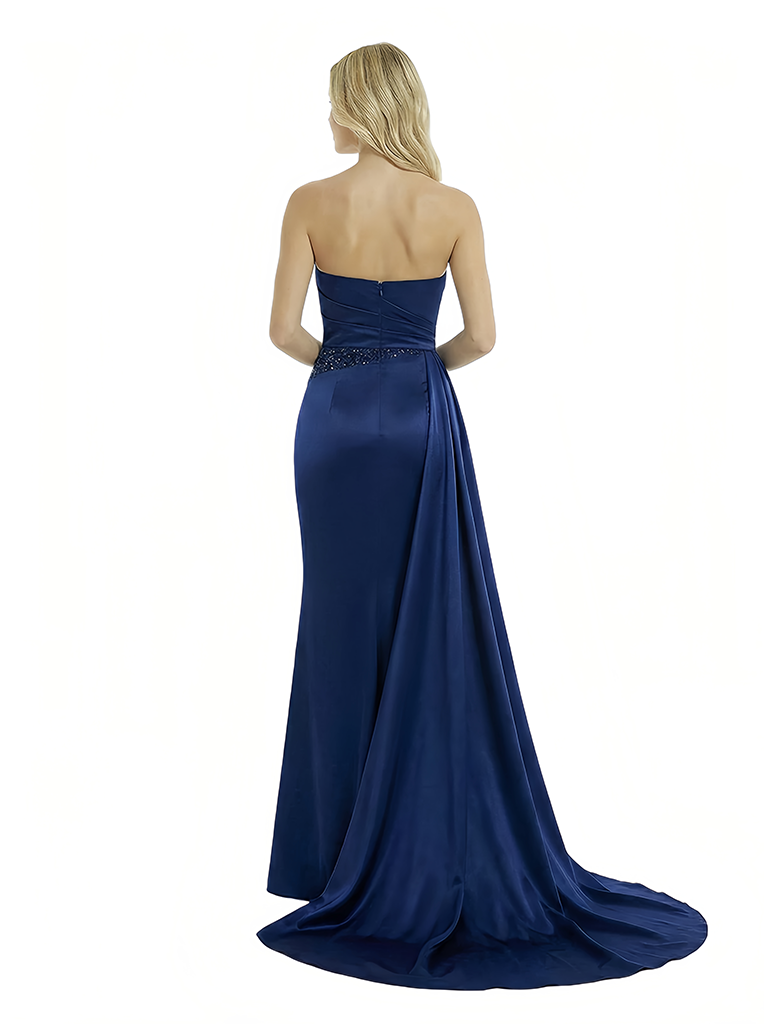 Chic Strapless Beaded Satin Mermaid Side Slit Ruched Party Prom Dresses