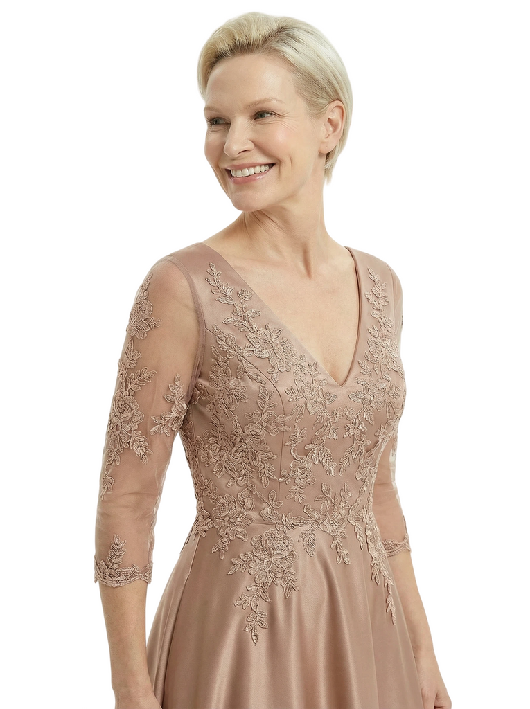 Unique Applique Mother Of The Groom Dress With Sleeves Satin A-Line Gown