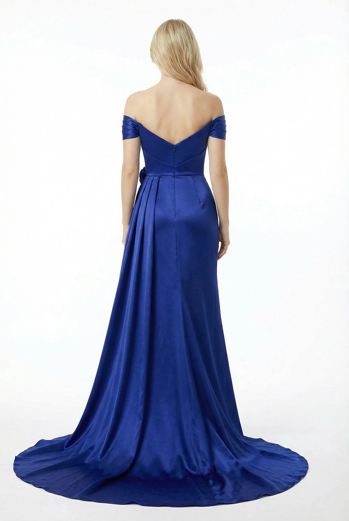 Chic Off The Shoulder Satin Mermaid Side Slit Ruched Prom Dress With Handmade Flower