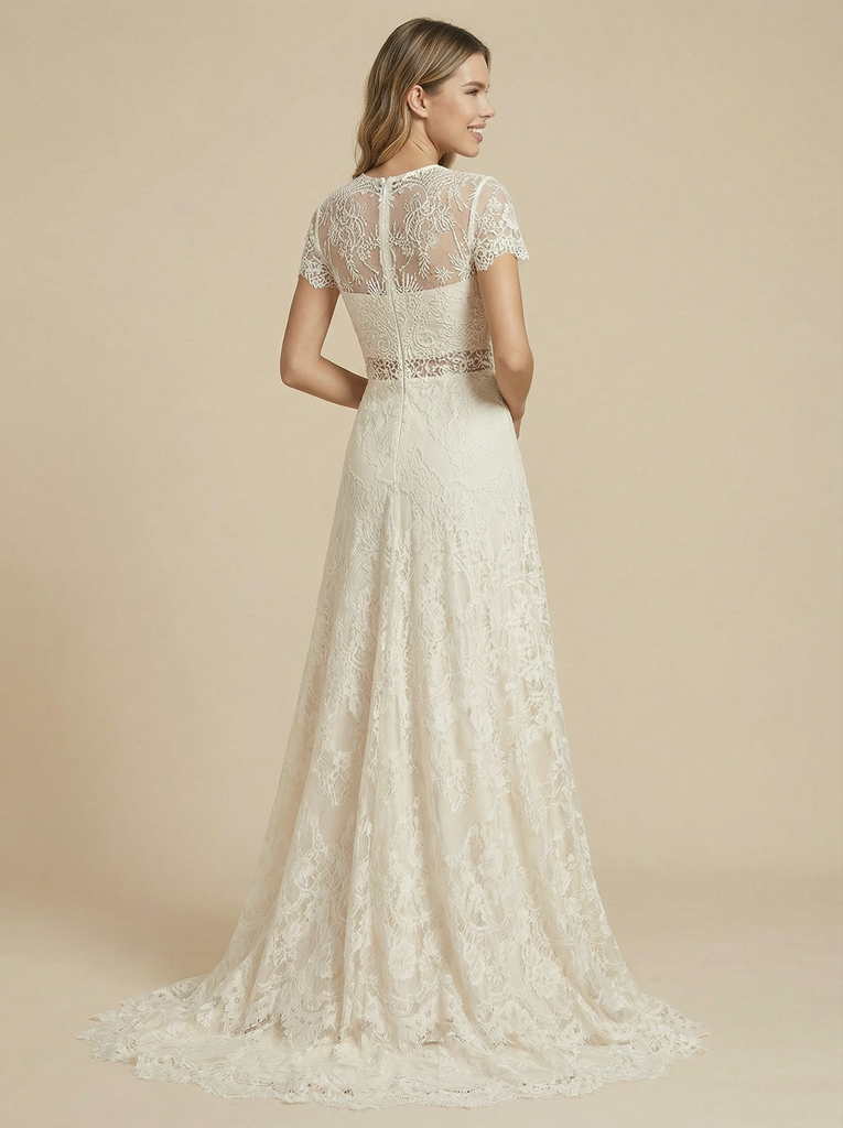 A-Line Jewel Short Sleeves Lace Maxi Long Wedding Dresses Online