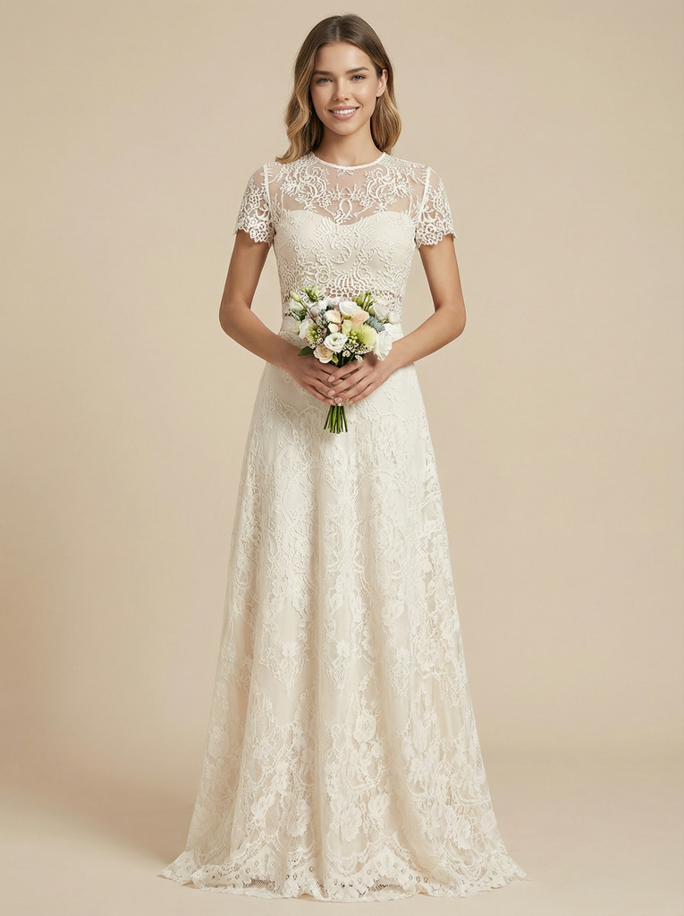 A-Line Jewel Short Sleeves Lace Maxi Long Wedding Dresses Online