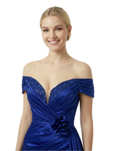 Chic Off The Shoulder Satin Mermaid Side Slit Ruched Prom Dress With Handmade Flower