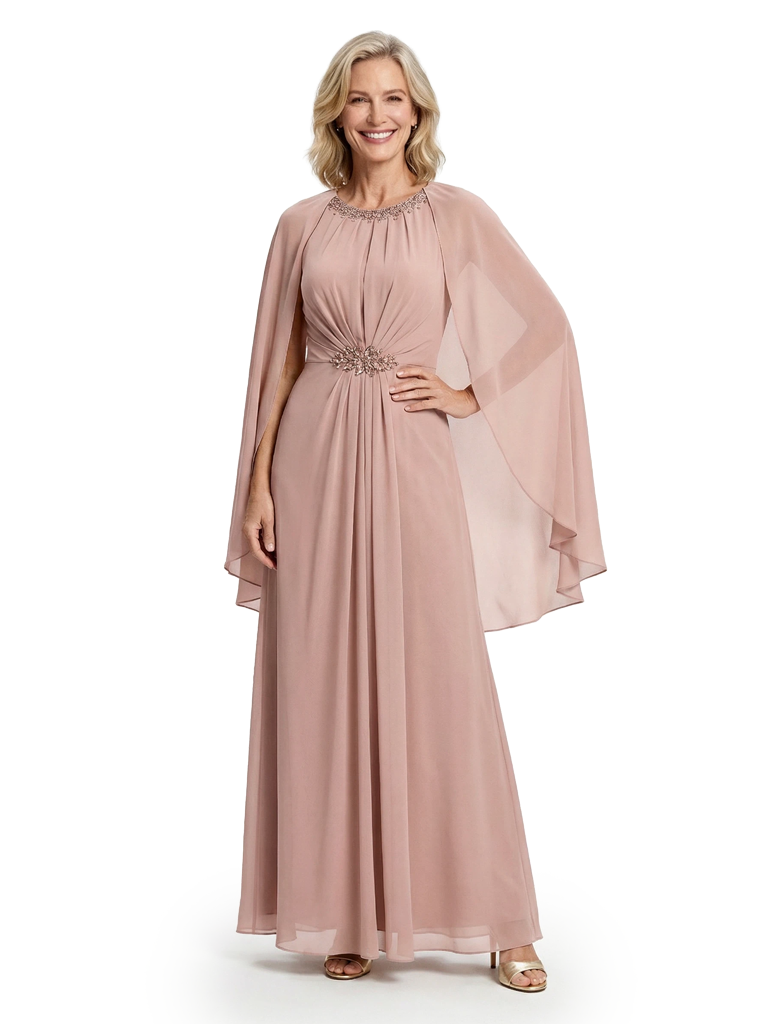 Modern Jewel Mother Of The Groom Dress Chiffon A-Line Gown With Attached Sheer Cape