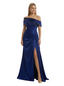 Chic Off the Shoulder Formal Evening Gown Satin Sequin Bodice Floor Length Prom Dress Side Drape