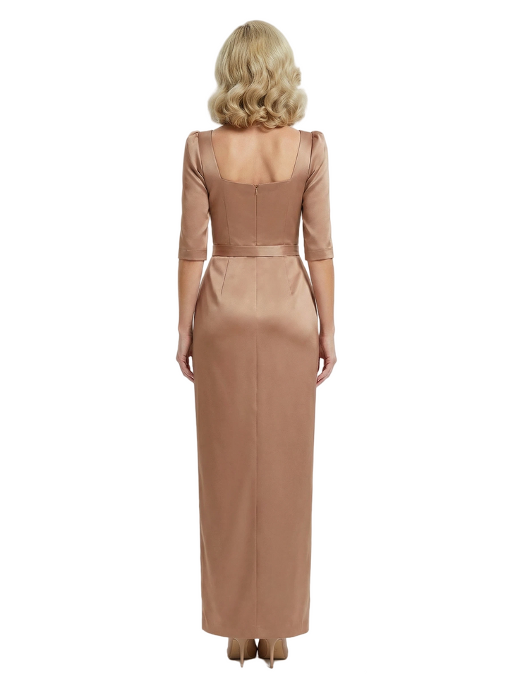 Chic Square Neck Mother Of The Bride Dress Satin Sheath Gown Half Sleeves With Bow