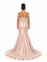 ChicSew Lace Applique Off Shoulder Soft Satin Mermaid Maxi Bridesmaid Dresses