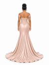 ChicSew Lace Applique Off Shoulder Soft Satin Mermaid Maxi Bridesmaid Dresses