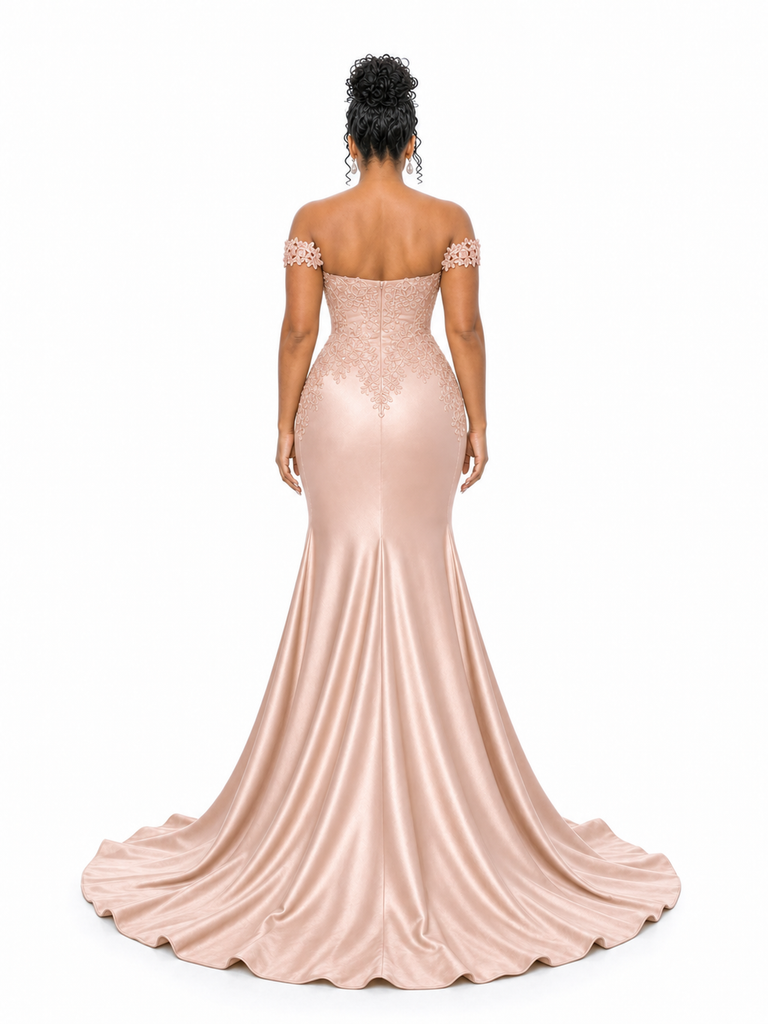 ChicSew Lace Applique Off Shoulder Soft Satin Mermaid Maxi Bridesmaid Dresses