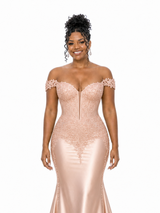 ChicSew Lace Applique Off Shoulder Soft Satin Mermaid Maxi Bridesmaid Dresses