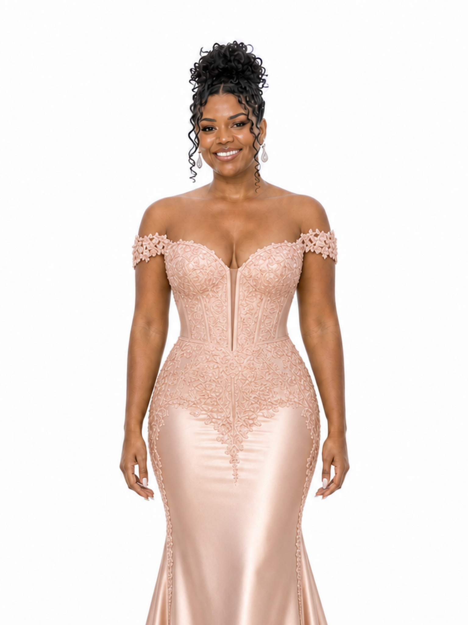 ChicSew Lace Applique Off Shoulder Soft Satin Mermaid Maxi Bridesmaid Dresses