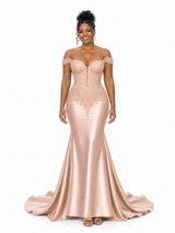 ChicSew Lace Applique Off Shoulder Soft Satin Mermaid Maxi Bridesmaid Dresses