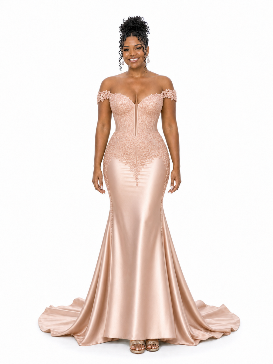 ChicSew Lace Applique Off Shoulder Soft Satin Mermaid Maxi Bridesmaid Dresses — Flatter Your Figure