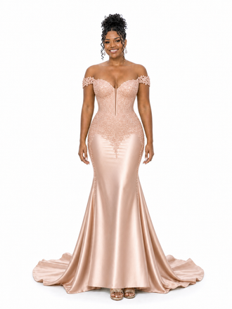 ChicSew Lace Applique Off Shoulder Soft Satin Mermaid Maxi Bridesmaid Dresses