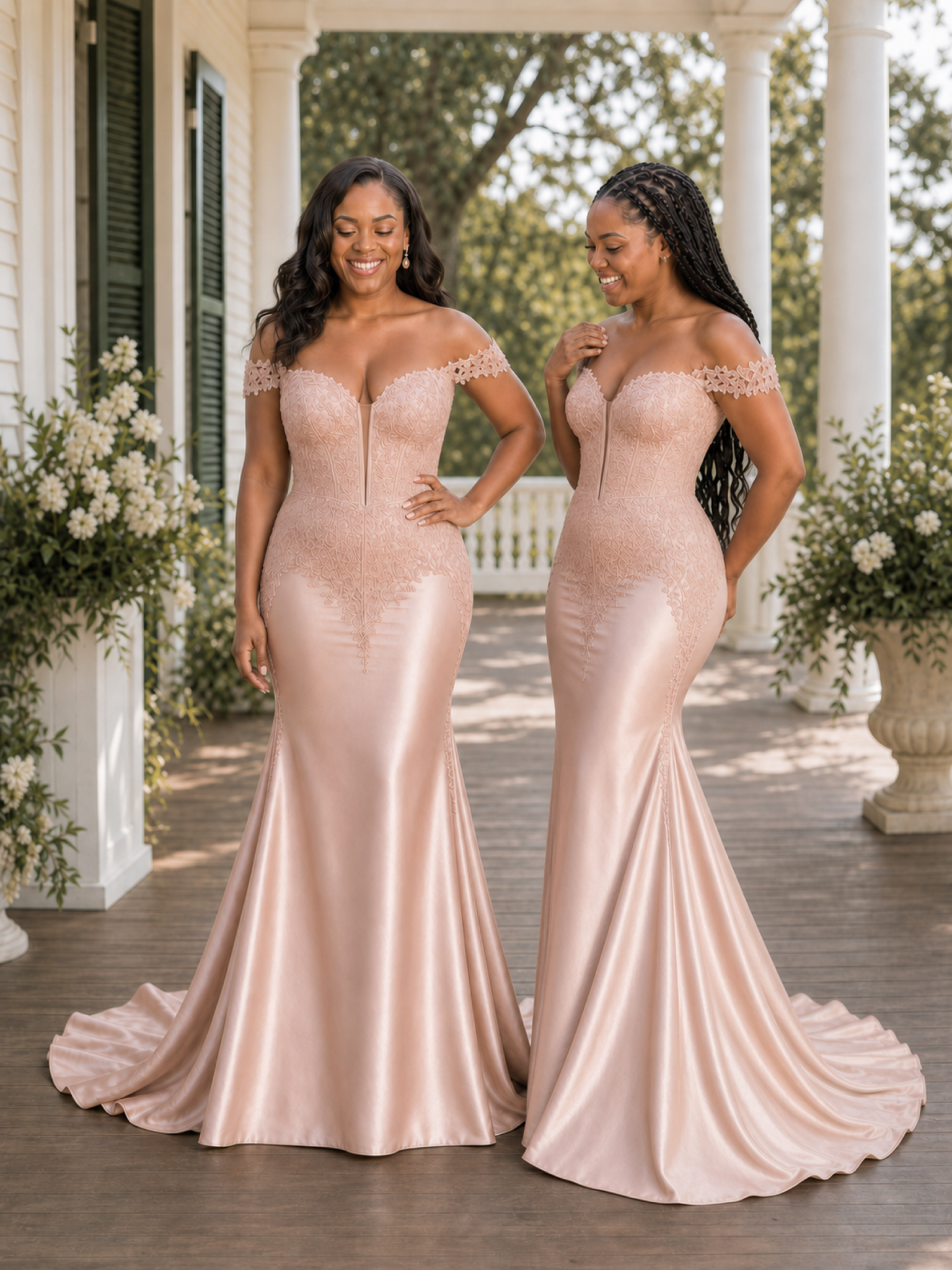 ChicSew Lace Applique Off Shoulder Soft Satin Mermaid Maxi Bridesmaid Dresses