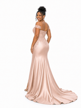 ChicSew Lace Applique Off Shoulder Soft Satin Mermaid Maxi Bridesmaid Dresses