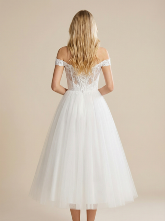 A-Line Off Shoulder Boning Lace And Tulle Tea-Length Wedding Dresses Online