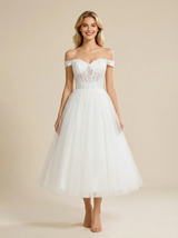 A-Line Off Shoulder LaceTulle Tea-Length Wedding Dresses Online