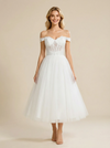 A-Line Off Shoulder Boning Lace And Tulle Tea-Length Wedding Dresses Online