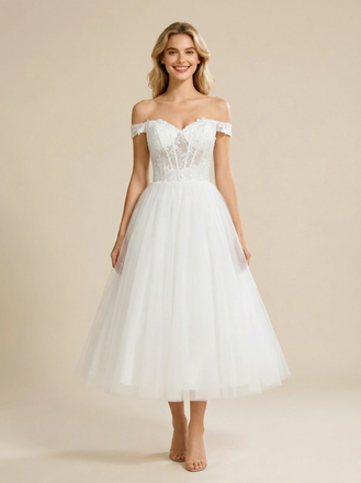 A-Line Off Shoulder Boning Lace And Tulle Tea-Length Wedding Dresses Online