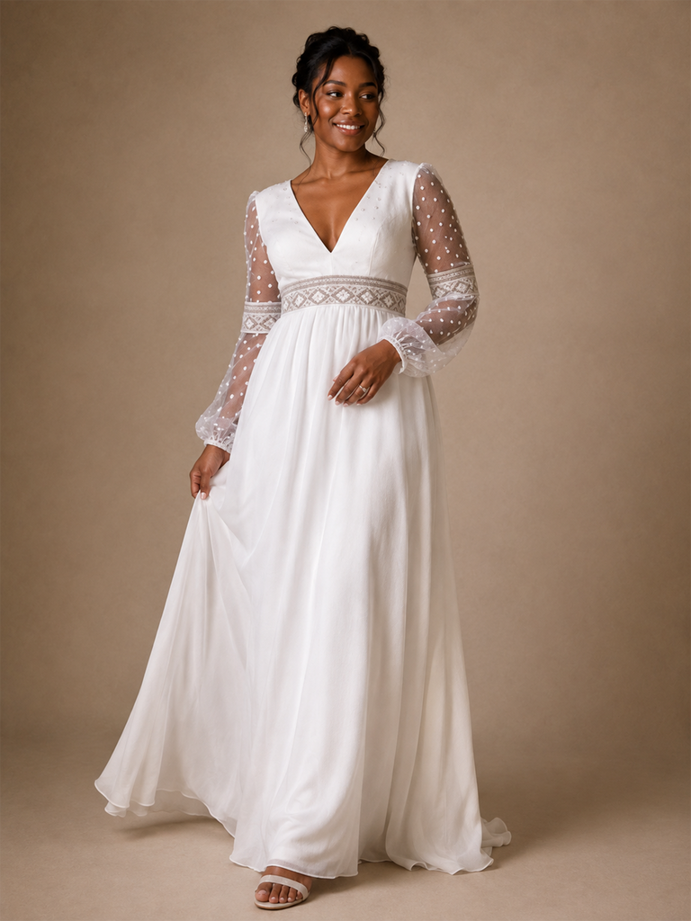 ChicSew Elegant V-Neck Long Tulle Sleeves Chiffon A-Line Maxi Wedding Dress