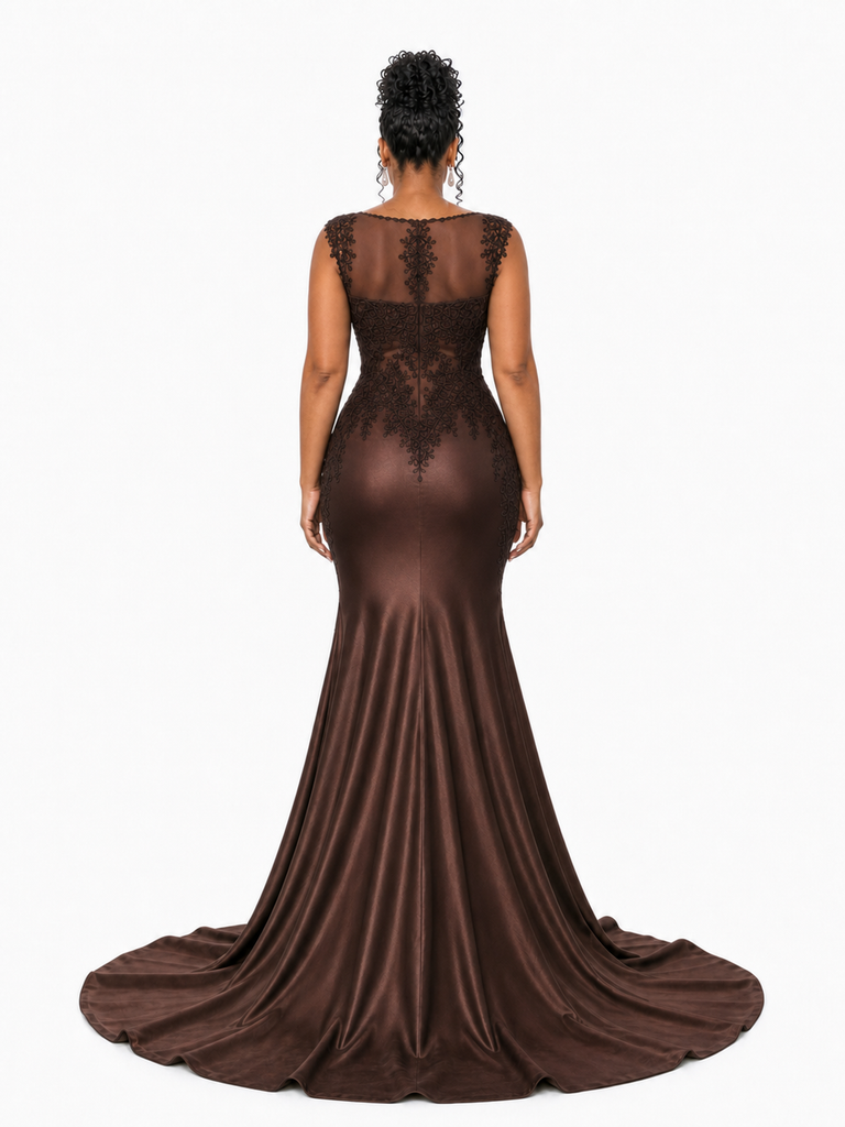 ChicSew Unique Lace Applique Illusion Soft Satin Mermaid Maxi Bridesmaid Dresses