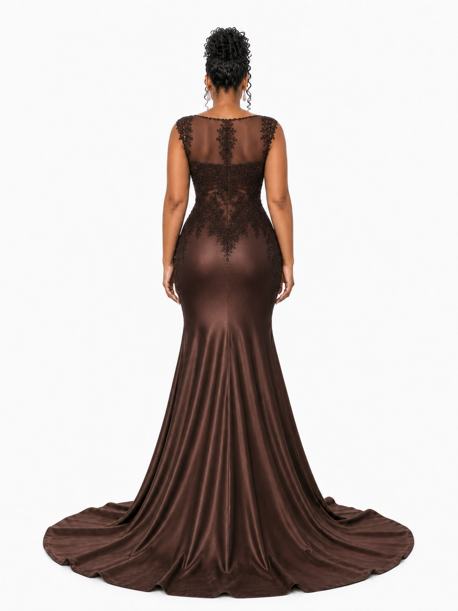 ChicSew Unique Lace Applique Illusion Soft Satin Mermaid Maxi Bridesmaid Dresses