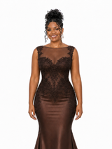 ChicSew Unique Lace Applique Illusion Soft Satin Mermaid Maxi Bridesmaid Dresses