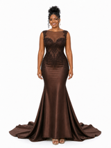 ChicSew Unique Lace Applique Illusion Soft Satin Mermaid Maxi Bridesmaid Dresses