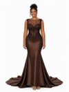 ChicSew Unique Lace Applique Illusion Soft Satin Mermaid Maxi Bridesmaid Dresses