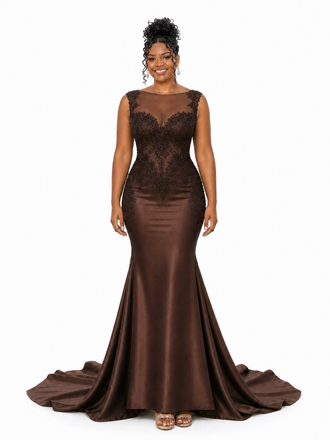 ChicSew Unique Lace Applique Illusion Soft Satin Mermaid Maxi Bridesmaid Dresses