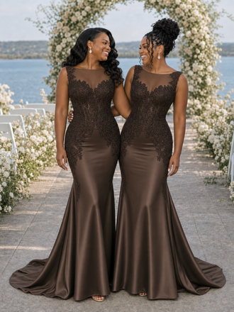 ChicSew Unique Lace Applique Illusion Soft Satin Mermaid Maxi Bridesmaid Dresses