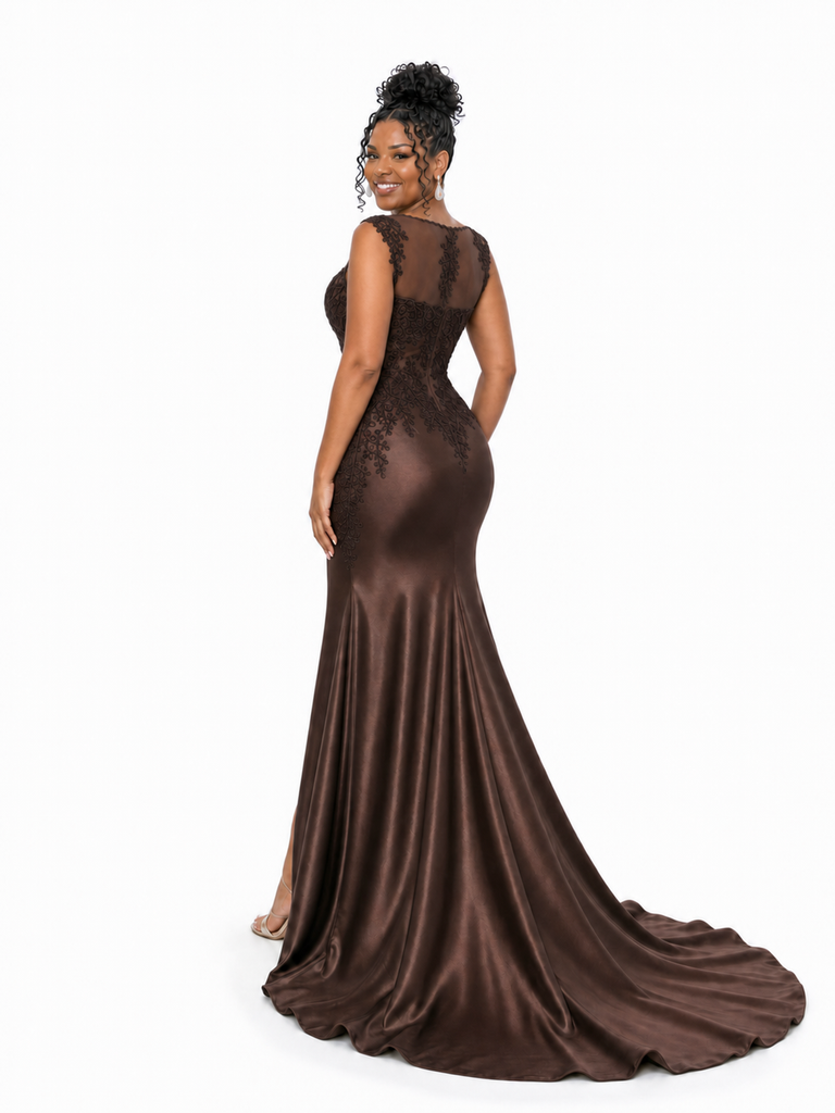 ChicSew Unique Lace Applique Illusion Soft Satin Mermaid Maxi Bridesmaid Dresses